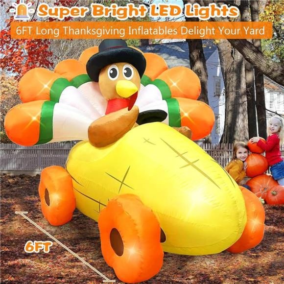 6FT Long Thanksgiving Inflatables Turkey with Pilgrim Hat Driving Corn Car
